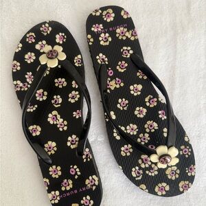 Tory Burch Black Floral Flip Flops